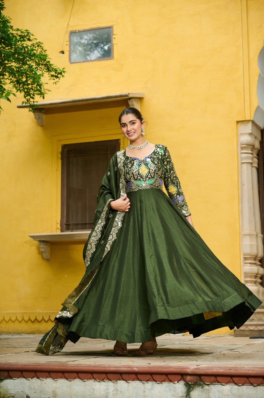 Mehendi Elegant Vichitra Fabric Gown with Multi-Thread & Zari Embroidery – 12 Kali Stitch, Full Sleeves ClothsVilla