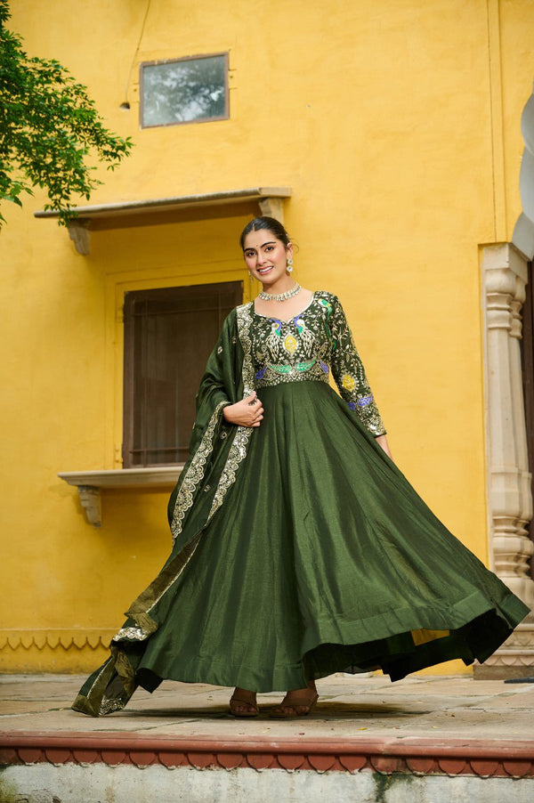 Mehendi Elegant Vichitra Fabric Gown with Multi-Thread & Zari Embroidery – 12 Kali Stitch, Full Sleeves ClothsVilla