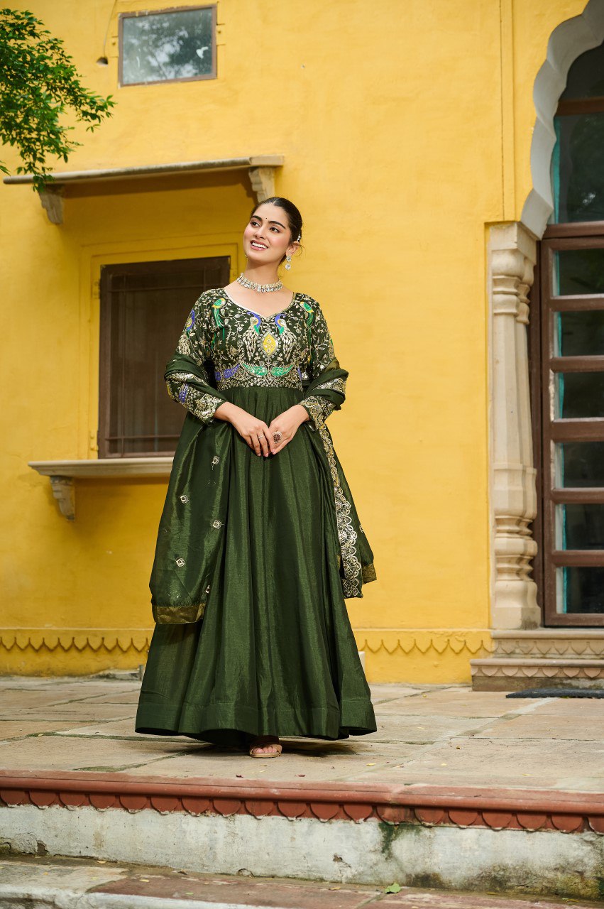 Mehendi Elegant Vichitra Fabric Gown with Multi-Thread & Zari Embroidery – 12 Kali Stitch, Full Sleeves ClothsVilla