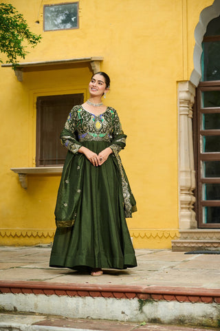 Mehendi Elegant Vichitra Fabric Gown with Multi-Thread & Zari Embroidery – 12 Kali Stitch, Full Sleeves ClothsVilla