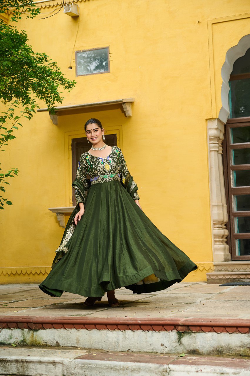 Mehendi Elegant Vichitra Fabric Gown with Multi-Thread & Zari Embroidery – 12 Kali Stitch, Full Sleeves ClothsVilla