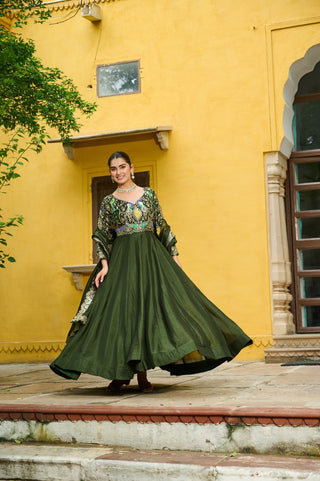 Mehendi Elegant Vichitra Fabric Gown with Multi-Thread & Zari Embroidery – 12 Kali Stitch, Full Sleeves ClothsVilla