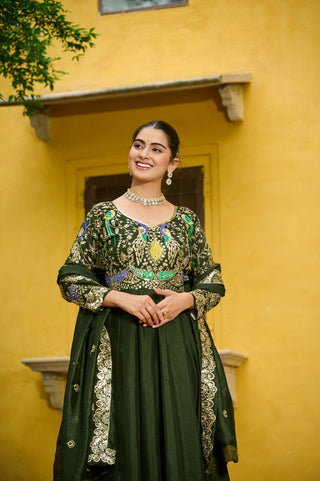 Mehendi Elegant Vichitra Fabric Gown with Multi-Thread & Zari Embroidery – 12 Kali Stitch, Full Sleeves ClothsVilla