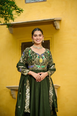 Mehendi Elegant Vichitra Fabric Gown with Multi-Thread & Zari Embroidery – 12 Kali Stitch, Full Sleeves ClothsVilla