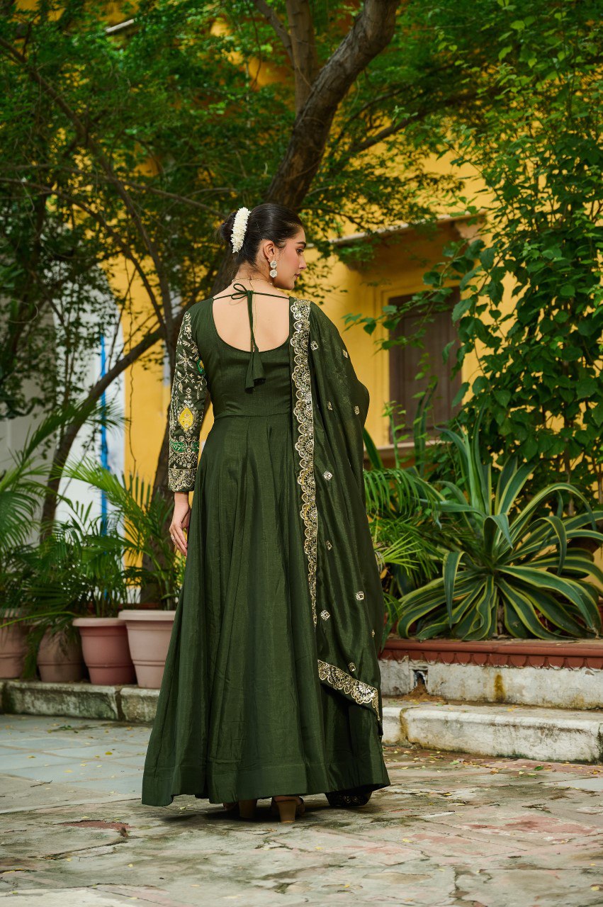 Mehendi Elegant Vichitra Fabric Gown with Multi-Thread & Zari Embroidery – 12 Kali Stitch, Full Sleeves ClothsVilla
