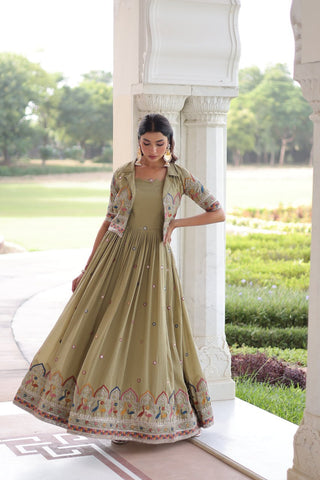 Mehendi Elegant Vichitra Silk Embroidered Gown with Designer Sleeveless Silhouette & Embroidered Koti – Premium Stitched Ensemble ClothsVilla