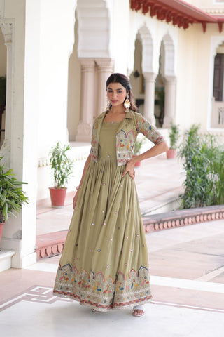 Mehendi Elegant Vichitra Silk Embroidered Gown with Designer Sleeveless Silhouette & Embroidered Koti – Premium Stitched Ensemble ClothsVilla