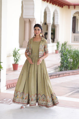 Mehendi Elegant Vichitra Silk Embroidered Gown with Designer Sleeveless Silhouette & Embroidered Koti – Premium Stitched Ensemble ClothsVilla