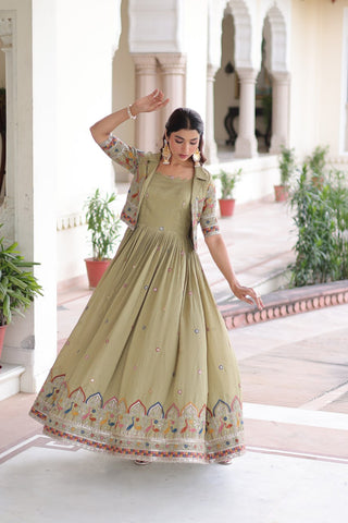 Mehendi Elegant Vichitra Silk Embroidered Gown with Designer Sleeveless Silhouette & Embroidered Koti – Premium Stitched Ensemble ClothsVilla