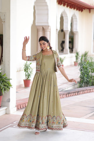 Mehendi Elegant Vichitra Silk Embroidered Gown with Designer Sleeveless Silhouette & Embroidered Koti – Premium Stitched Ensemble ClothsVilla