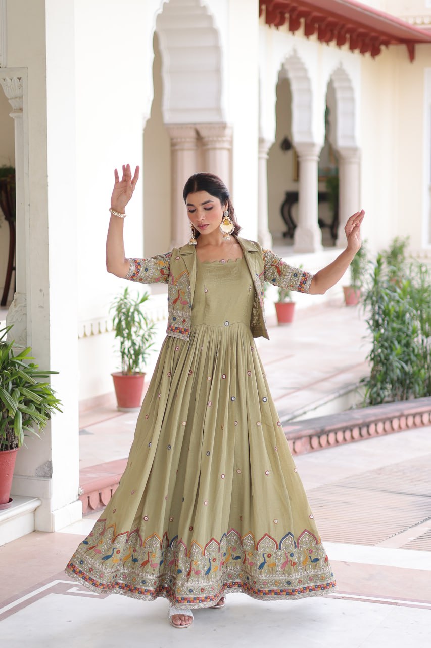 Mehendi Elegant Vichitra Silk Embroidered Gown with Designer Sleeveless Silhouette & Embroidered Koti – Premium Stitched Ensemble ClothsVilla