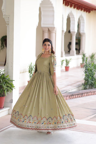 Mehendi Elegant Vichitra Silk Embroidered Gown with Designer Sleeveless Silhouette & Embroidered Koti – Premium Stitched Ensemble ClothsVilla