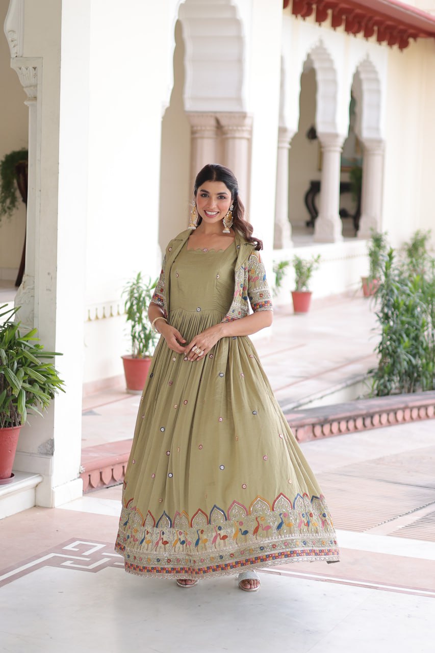 Mehendi Elegant Vichitra Silk Embroidered Gown with Designer Sleeveless Silhouette & Embroidered Koti – Premium Stitched Ensemble ClothsVilla