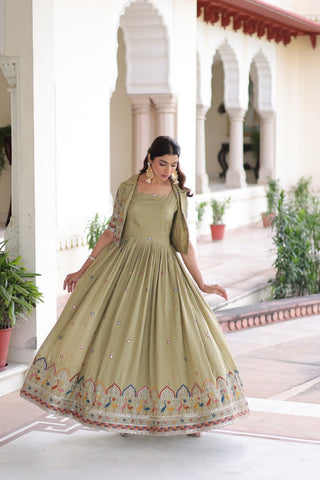 Mehendi Elegant Vichitra Silk Embroidered Gown with Designer Sleeveless Silhouette & Embroidered Koti – Premium Stitched Ensemble ClothsVilla