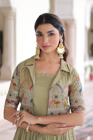 Mehendi Elegant Vichitra Silk Embroidered Gown with Designer Sleeveless Silhouette & Embroidered Koti – Premium Stitched Ensemble ClothsVilla