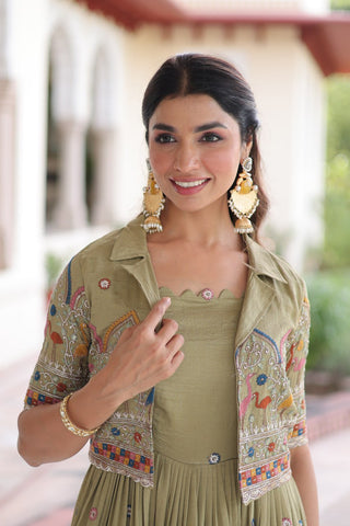 Mehendi Elegant Vichitra Silk Embroidered Gown with Designer Sleeveless Silhouette & Embroidered Koti – Premium Stitched Ensemble ClothsVilla