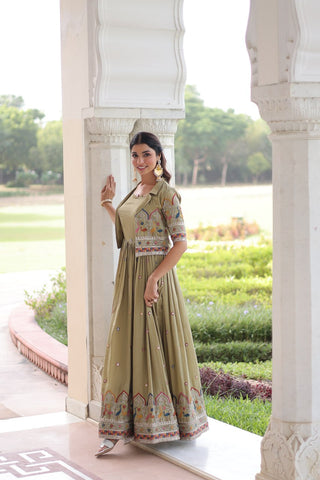 Mehendi Elegant Vichitra Silk Embroidered Gown with Designer Sleeveless Silhouette & Embroidered Koti – Premium Stitched Ensemble ClothsVilla