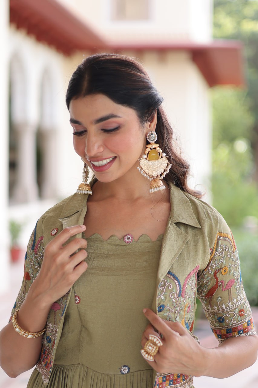 Mehendi Elegant Vichitra Silk Embroidered Gown with Designer Sleeveless Silhouette & Embroidered Koti – Premium Stitched Ensemble ClothsVilla