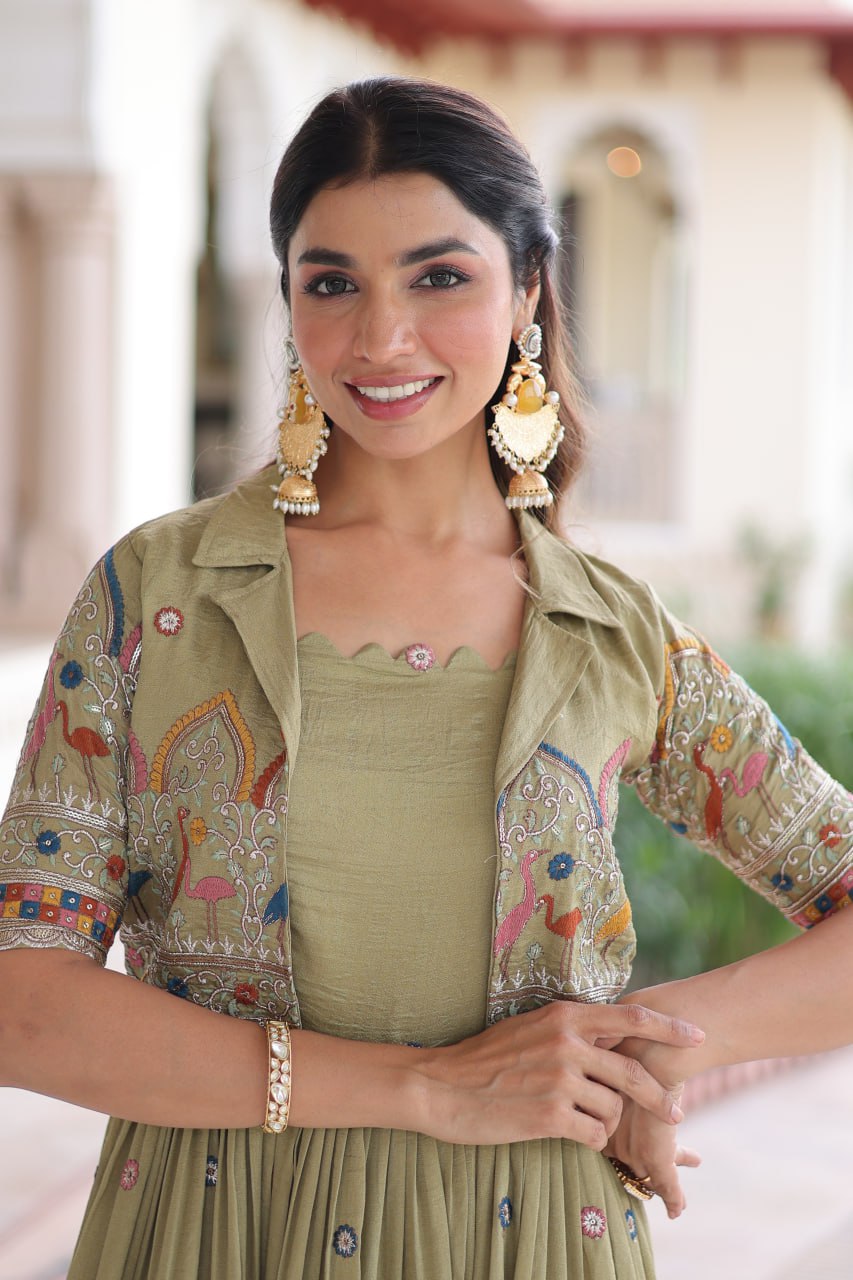 Mehendi Elegant Vichitra Silk Embroidered Gown with Designer Sleeveless Silhouette & Embroidered Koti – Premium Stitched Ensemble ClothsVilla