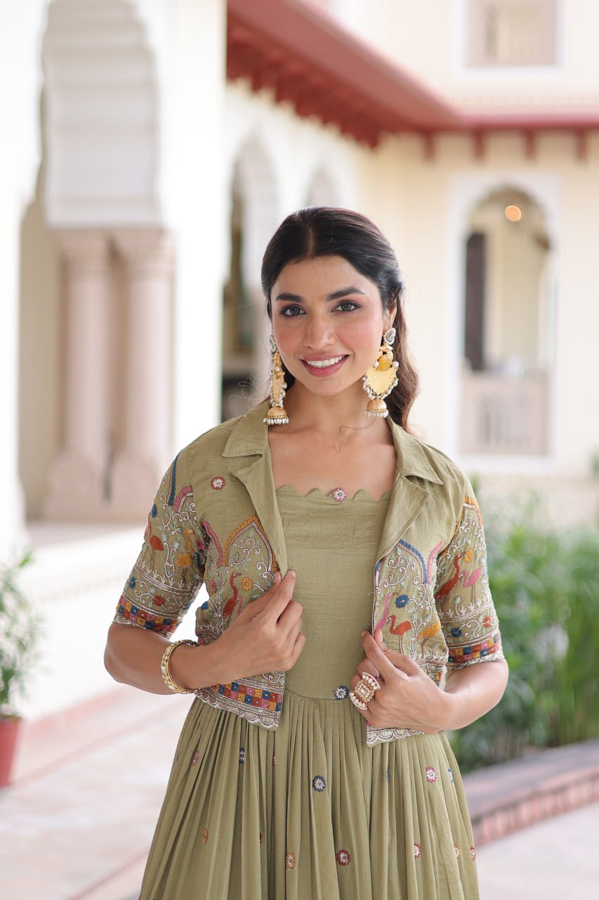 Mehendi Elegant Vichitra Silk Embroidered Gown with Designer Sleeveless Silhouette & Embroidered Koti – Premium Stitched Ensemble ClothsVilla