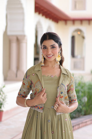Mehendi Elegant Vichitra Silk Embroidered Gown with Designer Sleeveless Silhouette & Embroidered Koti – Premium Stitched Ensemble ClothsVilla