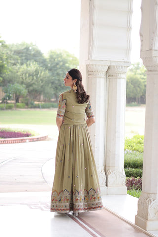 Mehendi Elegant Vichitra Silk Embroidered Gown with Designer Sleeveless Silhouette & Embroidered Koti – Premium Stitched Ensemble ClothsVilla