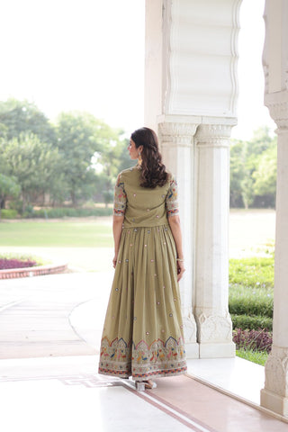 Mehendi Elegant Vichitra Silk Embroidered Gown with Designer Sleeveless Silhouette & Embroidered Koti – Premium Stitched Ensemble ClothsVilla