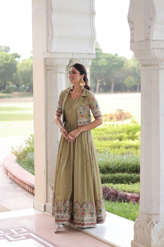 Mehendi Elegant Vichitra Silk Embroidered Gown with Designer Sleeveless Silhouette & Embroidered Koti – Premium Stitched Ensemble ClothsVilla