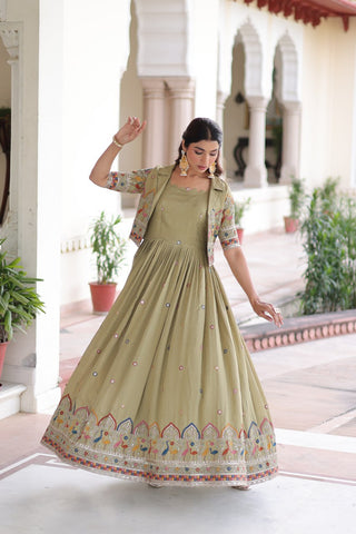 Mehendi Elegant Vichitra Silk Embroidered Gown with Designer Sleeveless Silhouette & Embroidered Koti – Premium Stitched Ensemble ClothsVilla