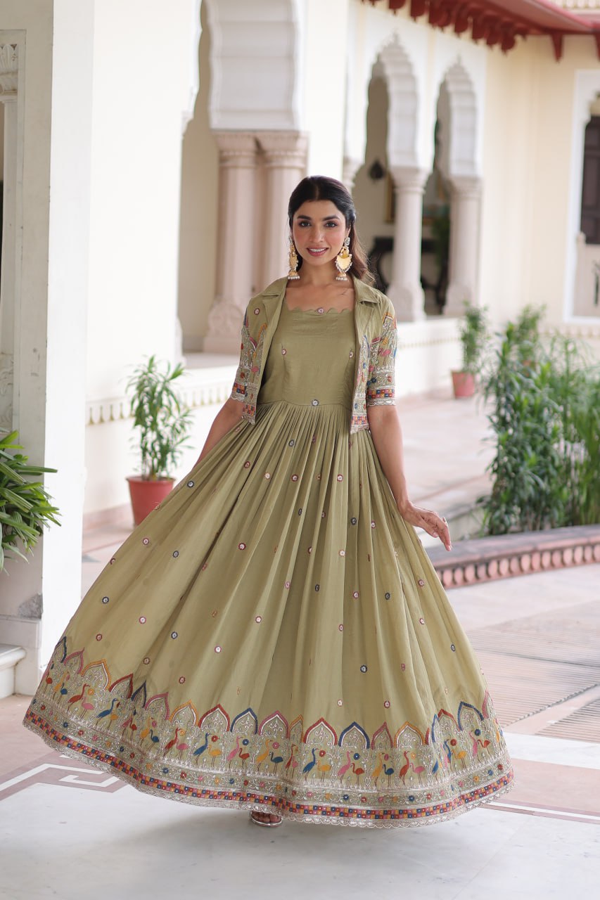 Mehendi Elegant Vichitra Silk Embroidered Gown with Designer Sleeveless Silhouette & Embroidered Koti – Premium Stitched Ensemble ClothsVilla