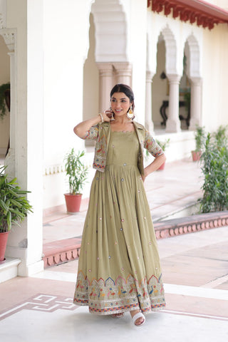 Mehendi Elegant Vichitra Silk Embroidered Gown with Designer Sleeveless Silhouette & Embroidered Koti – Premium Stitched Ensemble ClothsVilla
