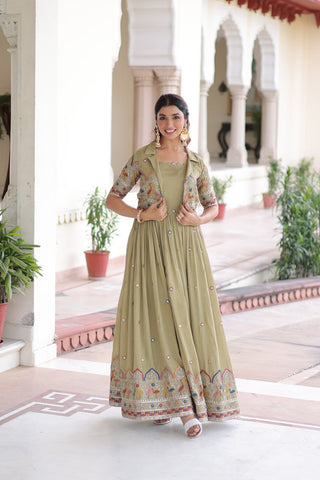 Mehendi Elegant Vichitra Silk Embroidered Gown with Designer Sleeveless Silhouette & Embroidered Koti – Premium Stitched Ensemble ClothsVilla