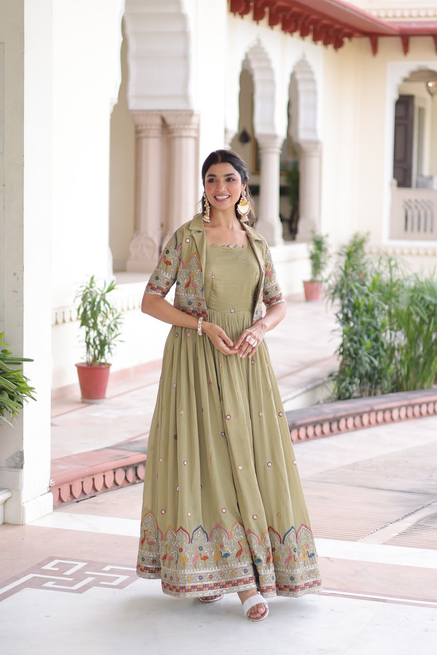 Mehendi Elegant Vichitra Silk Embroidered Gown with Designer Sleeveless Silhouette & Embroidered Koti – Premium Stitched Ensemble ClothsVilla