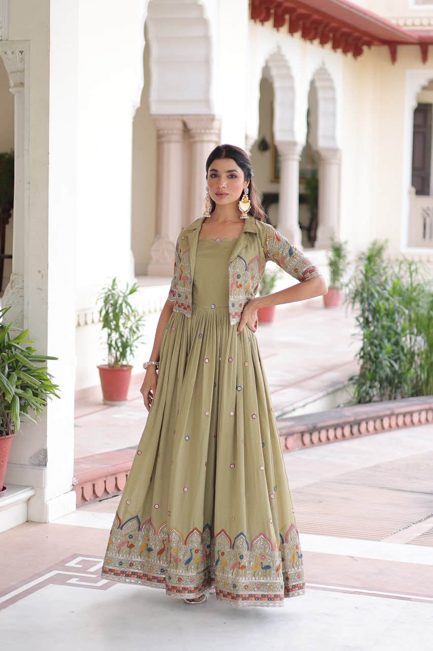 Mehendi Elegant Vichitra Silk Embroidered Gown with Designer Sleeveless Silhouette & Embroidered Koti – Premium Stitched Ensemble ClothsVilla