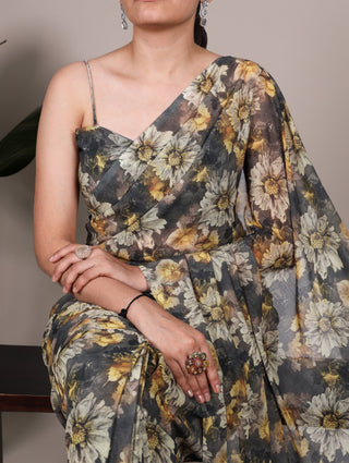Mehendi Elegant Weightless Marbal Floral Print Saree with Matching Blouse – Unstitched Ensemble ClothsVilla