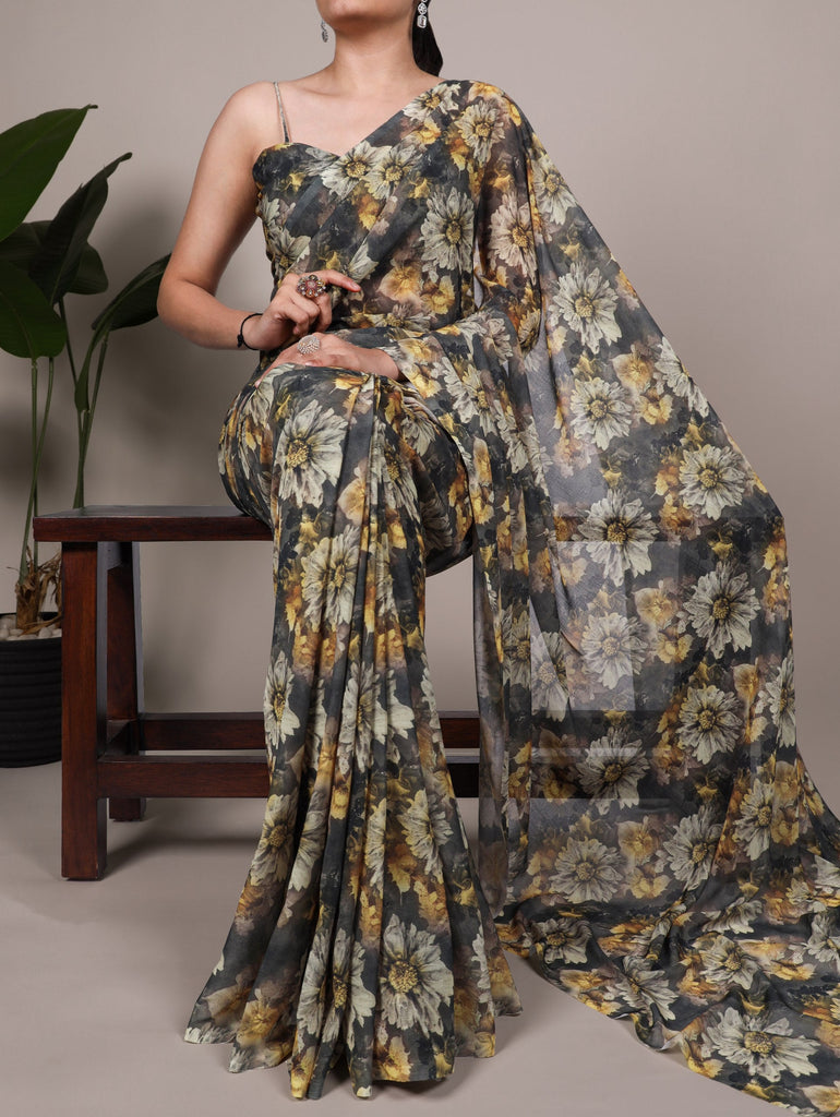 Mehendi Elegant Weightless Marbal Floral Print Saree with Matching Blouse – Unstitched Ensemble ClothsVilla