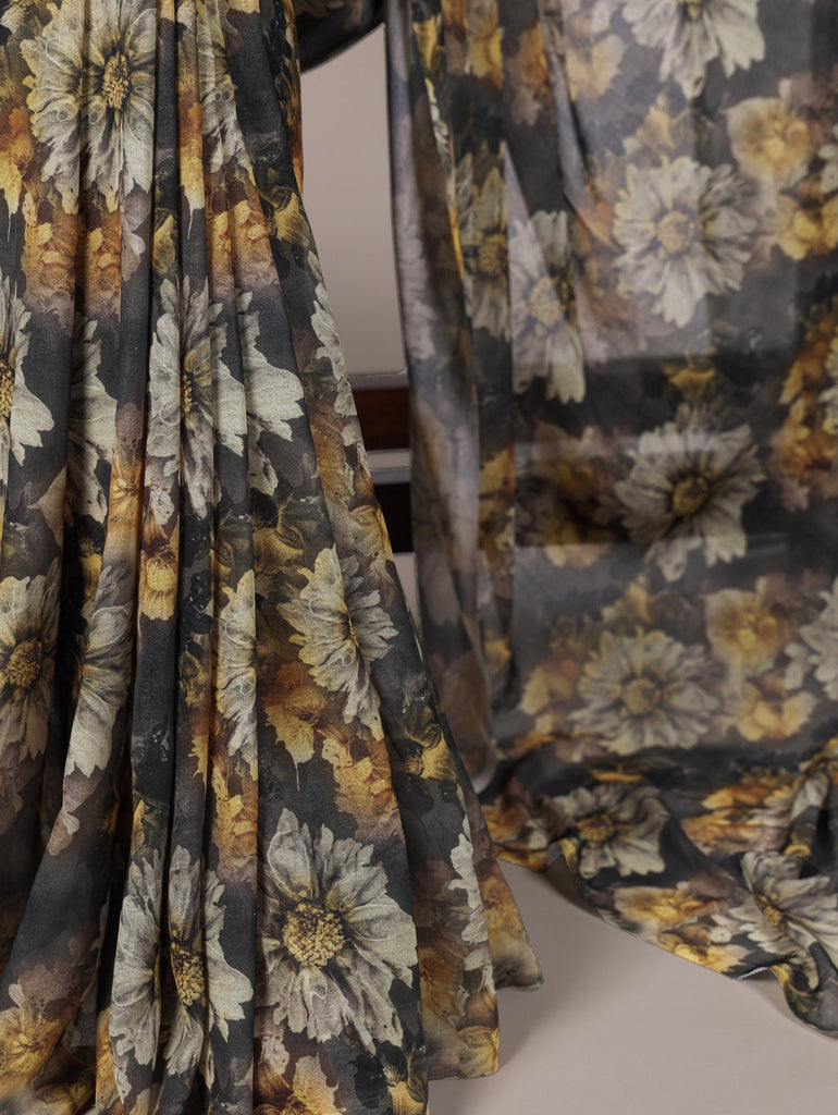 Mehendi Elegant Weightless Marbal Floral Print Saree with Matching Blouse – Unstitched Ensemble ClothsVilla