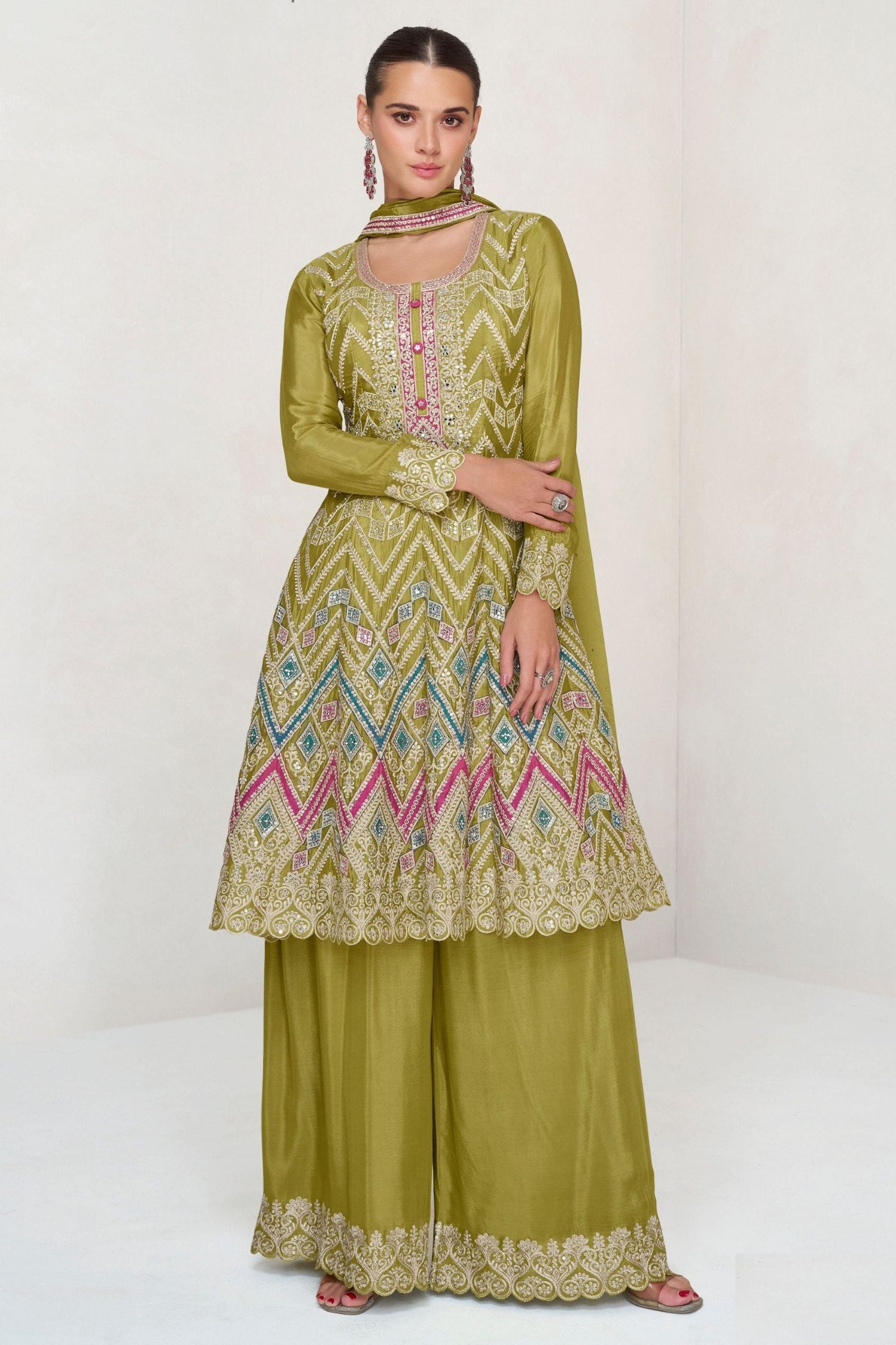 Mehendi Embroidered Chinon Kurta Palazzo Set with Lace Dupatta – Premium Stitched Ethnic Wear ClothsVilla