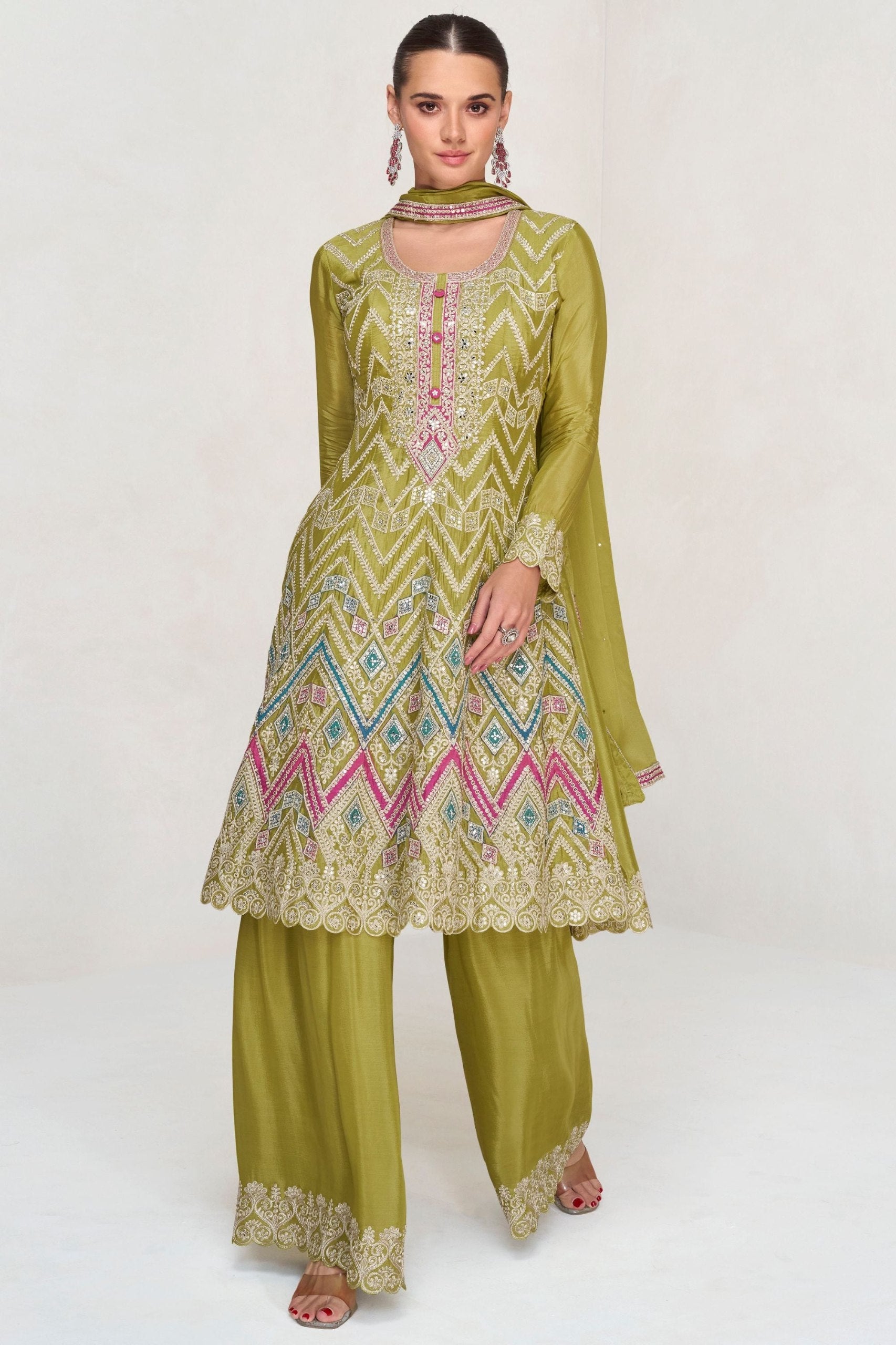 Mehendi Embroidered Chinon Kurta Palazzo Set with Lace Dupatta – Premium Stitched Ethnic Wear ClothsVilla