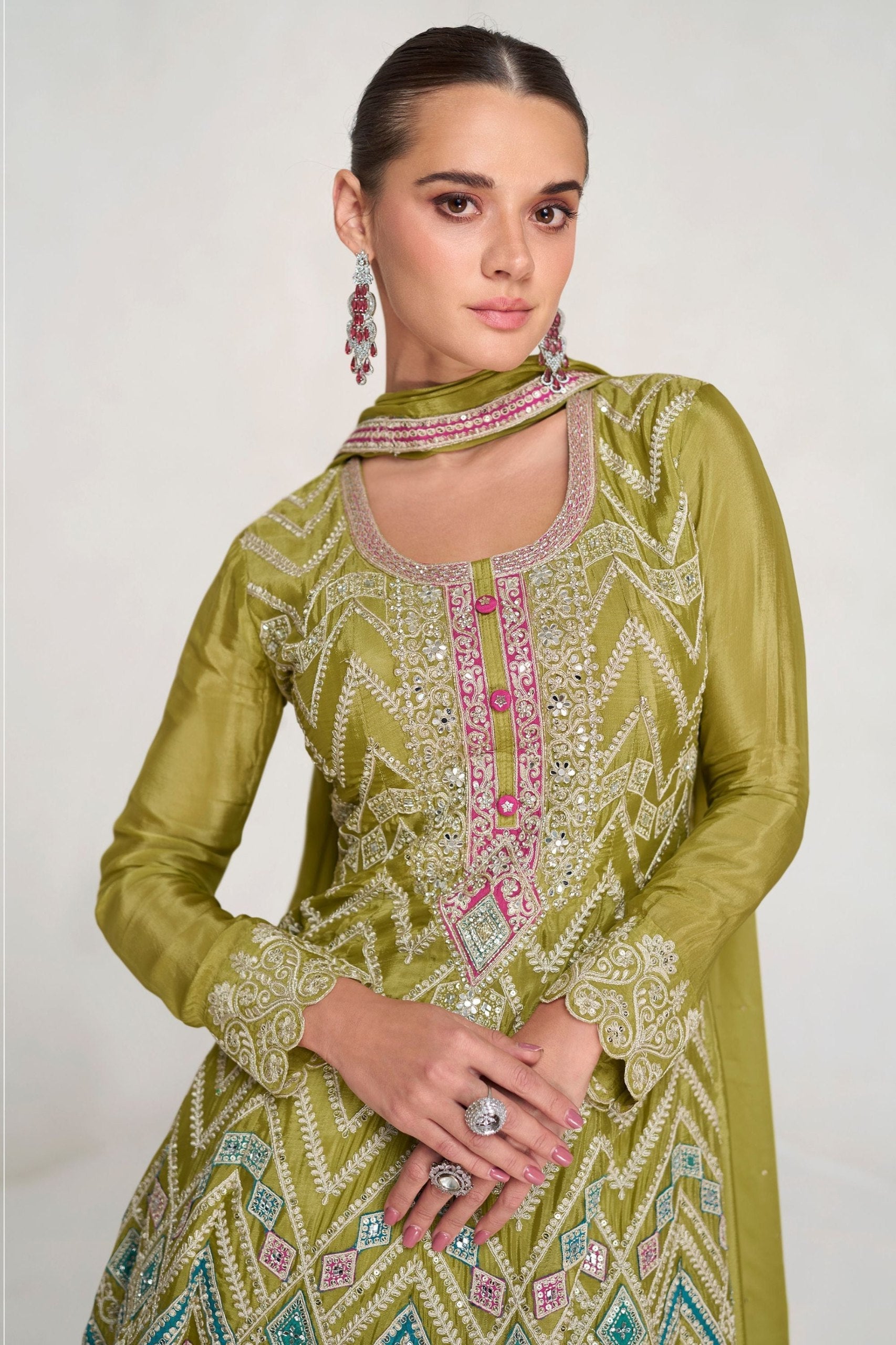 Mehendi Embroidered Chinon Kurta Palazzo Set with Lace Dupatta – Premium Stitched Ethnic Wear ClothsVilla