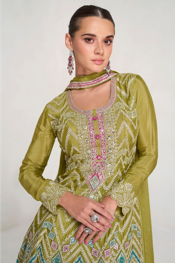Mehendi Embroidered Chinon Kurta Palazzo Set with Lace Dupatta – Premium Stitched Ethnic Wear ClothsVilla