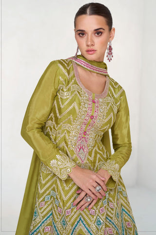 Mehendi Embroidered Chinon Kurta Palazzo Set with Lace Dupatta – Premium Stitched Ethnic Wear ClothsVilla