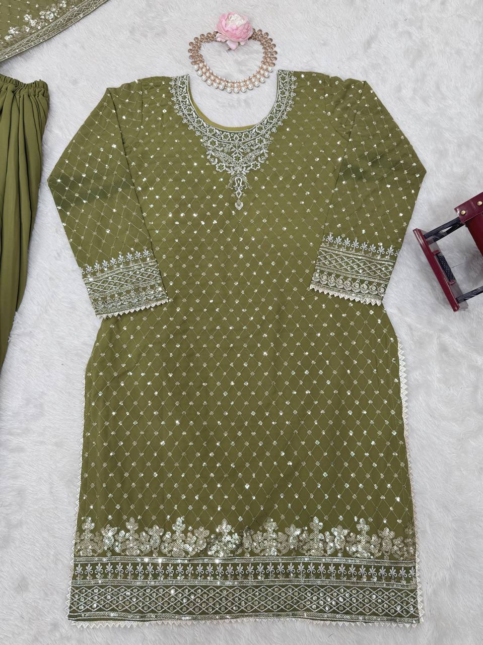 Mehendi Faux Georgette Embroidered Sharara Set with Lace Border Dupatta ClothsVilla