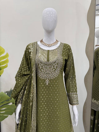 Mehendi Faux Georgette Embroidered Sharara Set with Lace Border Dupatta ClothsVilla