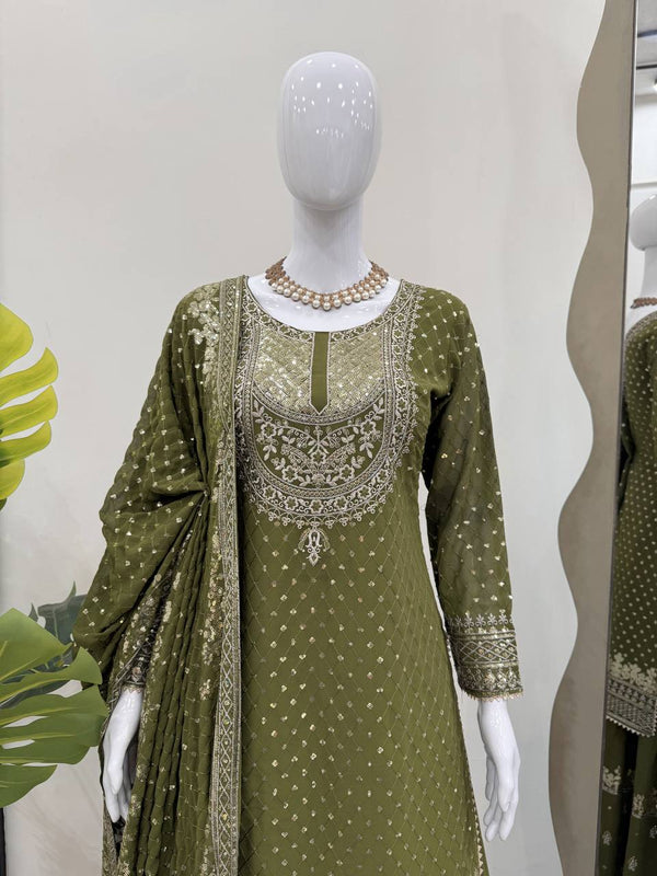Mehendi Faux Georgette Embroidered Sharara Set with Lace Border Dupatta ClothsVilla