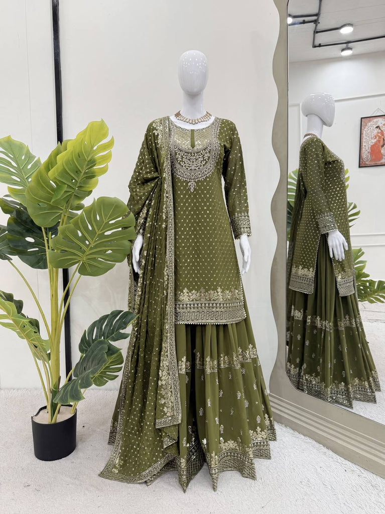 Mehendi Faux Georgette Embroidered Sharara Set with Lace Border Dupatta ClothsVilla