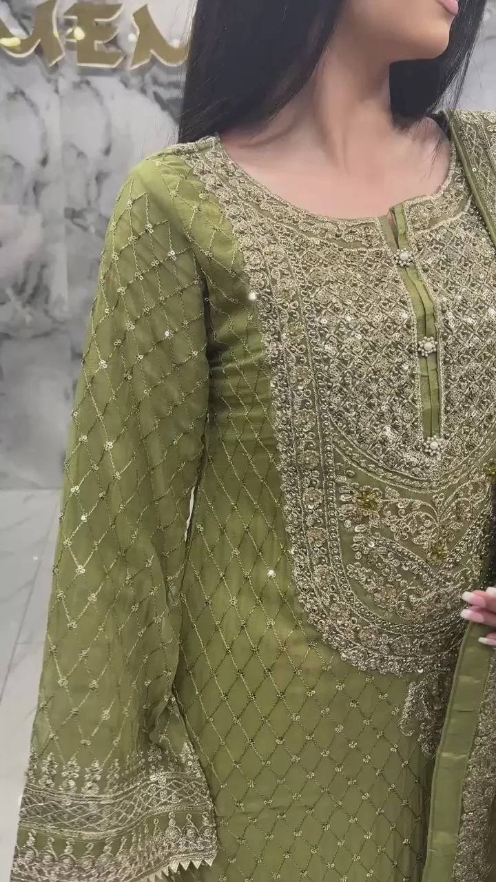 Mehendi Faux Georgette Embroidered Sharara Set with Lace Border Dupatta ClothsVilla