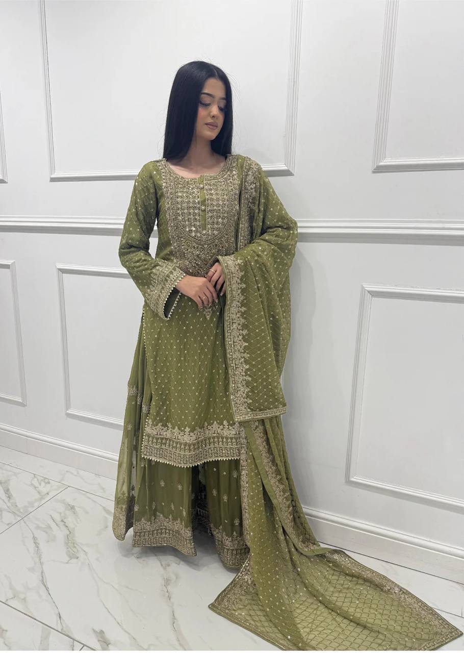 Mehendi Faux Georgette Embroidered Sharara Set with Lace Border Dupatta ClothsVilla