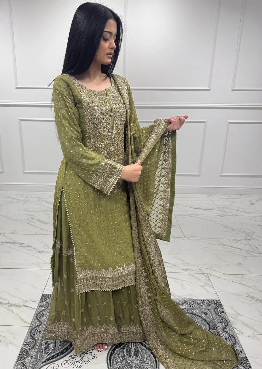 Mehendi Faux Georgette Embroidered Sharara Set with Lace Border Dupatta ClothsVilla