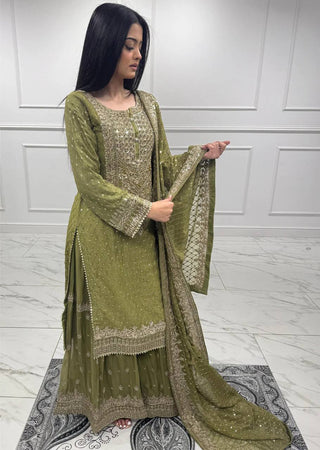 Mehendi Faux Georgette Embroidered Sharara Set with Lace Border Dupatta ClothsVilla